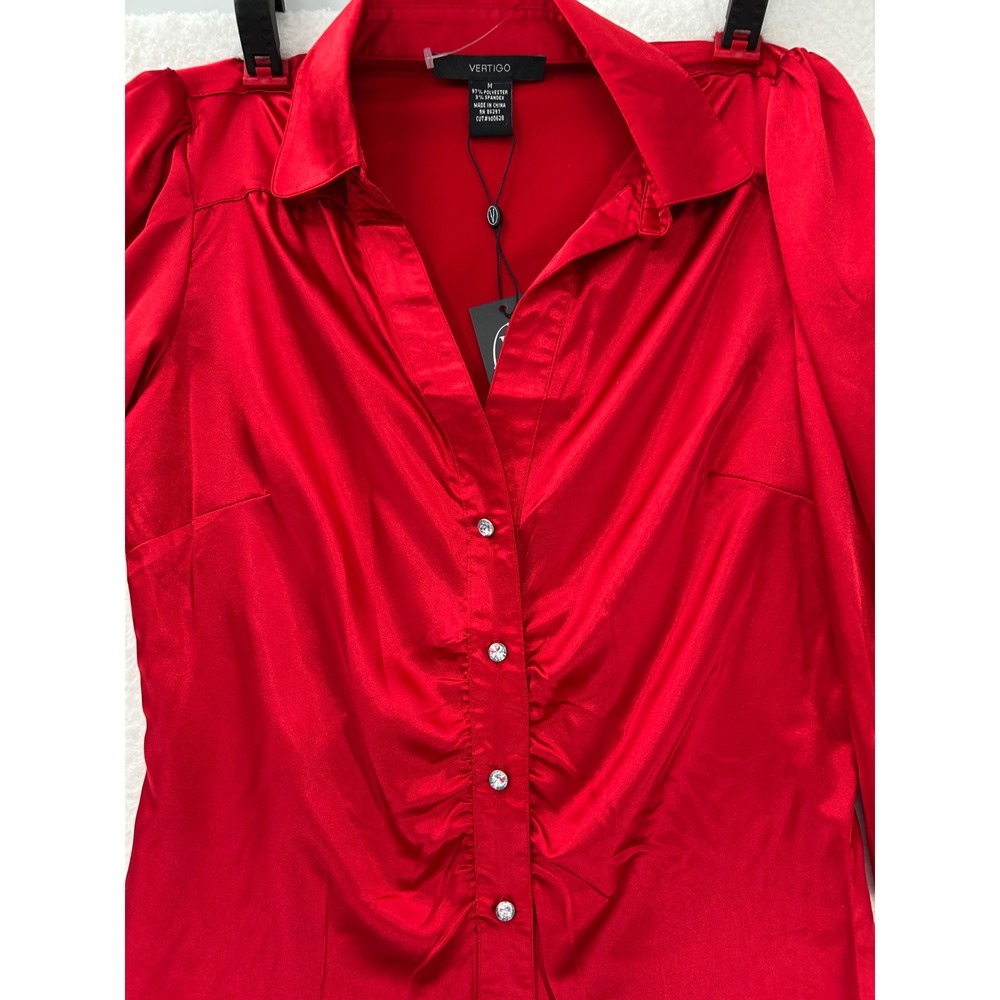 NEW Vertigo Paris Garnet Red Satin Ruched Button Up Blouse VT30285 Womens Medium - Picture 10 of 12